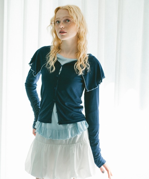 idem（イデム）の「big mellow collar sheer cardigan / ビックカラーシアーカーディガン（Tシャツ/カットソー・レディース・ネイビー/ホワイト・FREE）」の5枚目の写真