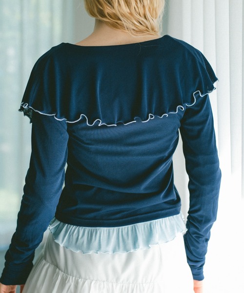 idem（イデム）の「big mellow collar sheer cardigan / ビックカラーシアーカーディガン（Tシャツ/カットソー・レディース・ネイビー/ホワイト・FREE）」の8枚目の写真
