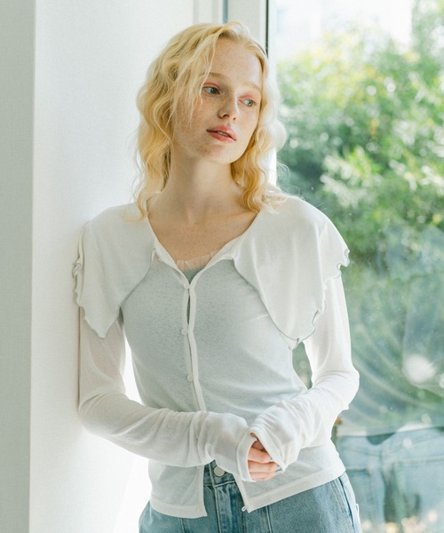 idem（イデム）の「big mellow collar sheer cardigan / ビックカラーシアーカーディガン（Tシャツ/カットソー・レディース・ネイビー/ホワイト・FREE）」の15枚目の写真
