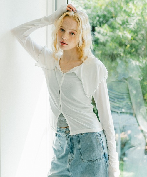idem（イデム）の「big mellow collar sheer cardigan / ビックカラーシアーカーディガン（Tシャツ/カットソー・レディース・ネイビー/ホワイト・FREE）」の17枚目の写真