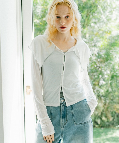 idem（イデム）の「big mellow collar sheer cardigan / ビックカラーシアーカーディガン（Tシャツ/カットソー・レディース・ネイビー/ホワイト・FREE）」の18枚目の写真