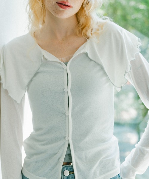 idem（イデム）の「big mellow collar sheer cardigan / ビックカラーシアーカーディガン（Tシャツ/カットソー・レディース・ネイビー/ホワイト・FREE）」の16枚目の写真
