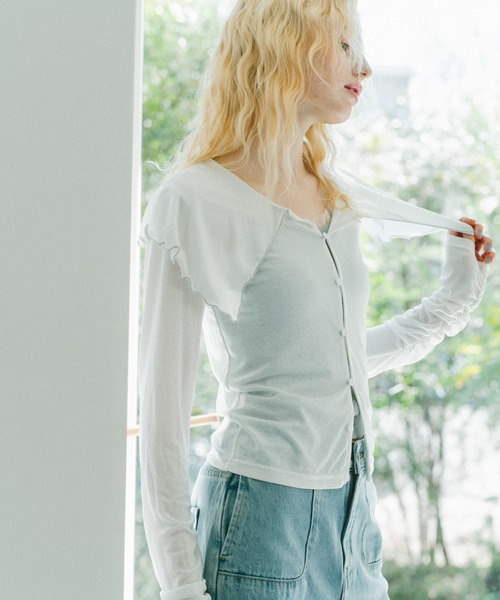 idem（イデム）の「big mellow collar sheer cardigan / ビックカラーシアーカーディガン（Tシャツ/カットソー・レディース・ネイビー/ホワイト・FREE）」の19枚目の写真