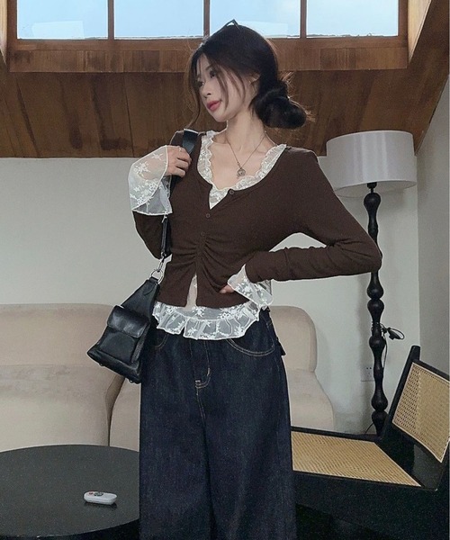 AsheKsha(アシクシャ)の「レースパッチワーク風ツーピース風長袖ニットトップス(ニット/セーター・レディース・ブラック/ブラウン・M)」の7枚目の写真