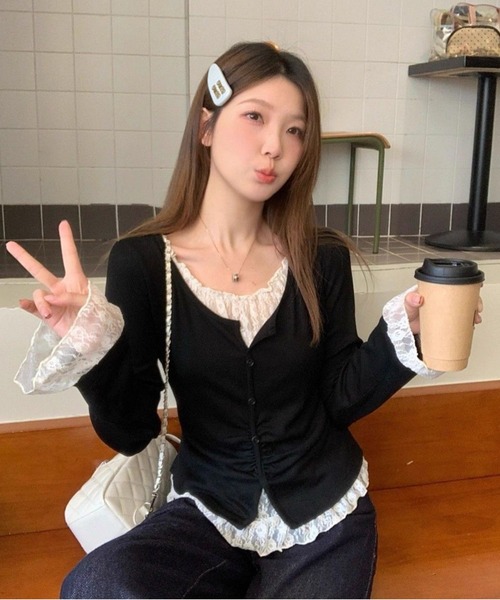 AsheKsha(アシクシャ)の「レースパッチワーク風ツーピース風長袖ニットトップス(ニット/セーター・レディース・ブラック/ブラウン・M)」の8枚目の写真