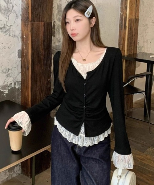 AsheKsha(アシクシャ)の「レースパッチワーク風ツーピース風長袖ニットトップス(ニット/セーター・レディース・ブラック/ブラウン・M)」の9枚目の写真
