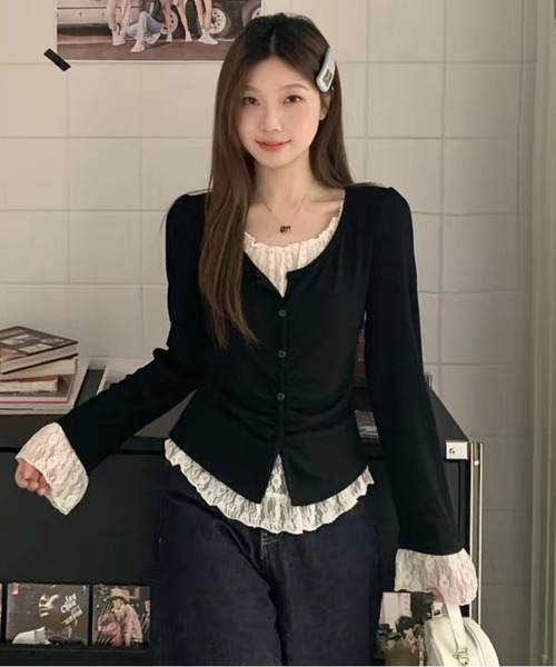 AsheKsha(アシクシャ)の「レースパッチワーク風ツーピース風長袖ニットトップス(ニット/セーター・レディース・ブラック/ブラウン・M)」の12枚目の写真