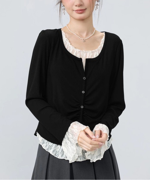 AsheKsha(アシクシャ)の「レースパッチワーク風ツーピース風長袖ニットトップス(ニット/セーター・レディース・ブラック/ブラウン・M)」の13枚目の写真