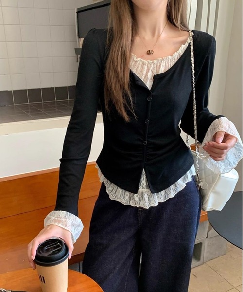 AsheKsha(アシクシャ)の「レースパッチワーク風ツーピース風長袖ニットトップス(ニット/セーター・レディース・ブラック/ブラウン・M)」の14枚目の写真