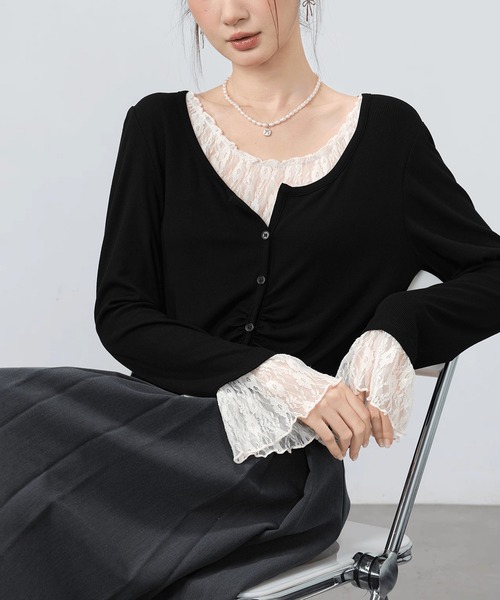 AsheKsha(アシクシャ)の「レースパッチワーク風ツーピース風長袖ニットトップス(ニット/セーター・レディース・ブラック/ブラウン・M)」の15枚目の写真