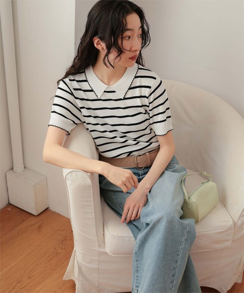 miette(ミエット)の「ピコデザイン半袖ポロニット(ニット/セーター・レディース・グレー/ブラック/ホワイト系その他・M/S/L)」の9枚目の写真
