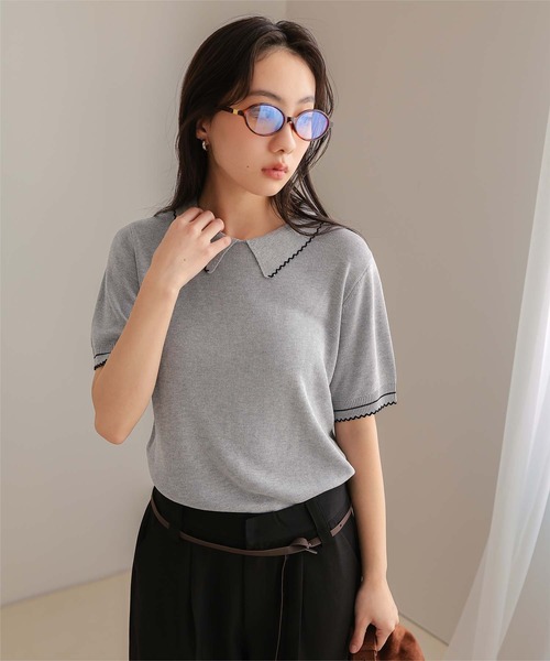 miette(ミエット)の「ピコデザイン半袖ポロニット(ニット/セーター・レディース・グレー/ブラック/ホワイト系その他・M/S/L)」の4枚目の写真