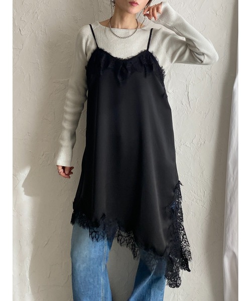 セール】アシンメトリーロング丈サイドスリットサテンレース