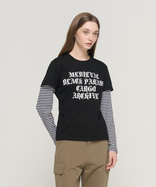 CARGOBROS FOR WOMAN(カーゴブロスフォーウィメン)の「ストライプレイヤード長袖Tシャツ(ブラック/ホワイト)(Tシャツ/カットソー・レディース・その他・FREE)」の4枚目の写真