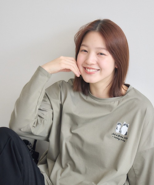 meeny miny(ミーニーマイニー)の「【meeny miny】CAT & BAKES 9456『ドキッ』ロンT(Tシャツ/カットソー・レディース・チャコールグレー/ホワイト/カーキ・M-L/S-M)」の9枚目の写真