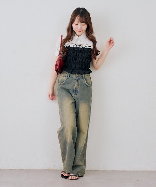 continuer de NICE CLAUP(コンティニューデナイスクラップ)の「前開きシャーリングフリルブラウス(シャツ/ブラウス・レディース・チェック/ドット/その他11/ブラック・FREE)」の21枚目の写真