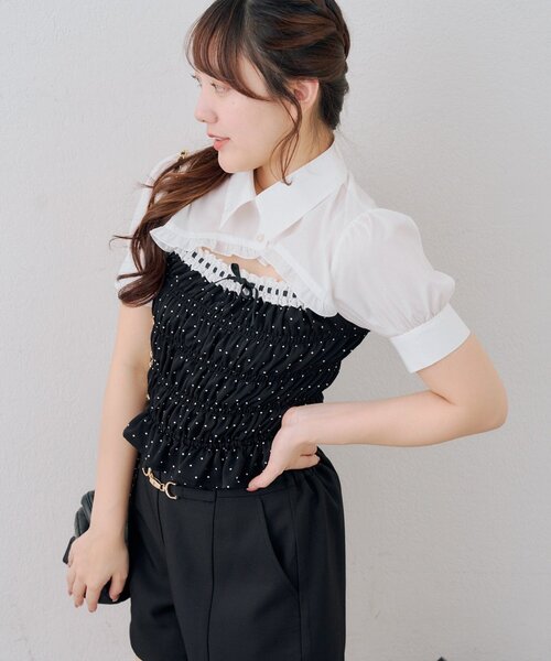 continuer de NICE CLAUP(コンティニューデナイスクラップ)の「前開きシャーリングフリルブラウス(シャツ/ブラウス・レディース・チェック/ドット/その他11/ブラック・FREE)」の14枚目の写真