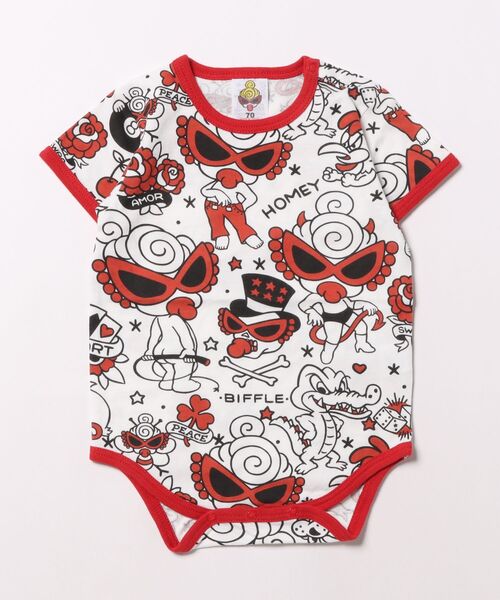 HYSTERIC MINI(ヒステリックミニ)の「TATTOO PARLOUR総柄 半袖ロンパース(スタイ/よだれかけ・キッズ・ホワイト/イエロー・80/70)」の1枚目の写真