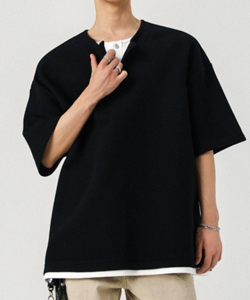 link lot（リンクロット）の「フェイクレイヤードダブルヘンリーネック無地T（Tシャツ/カットソー・メンズ・ブラック/グレー・L/M）」の2枚目の写真