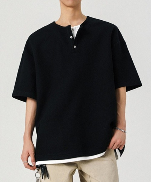 link lot（リンクロット）の「フェイクレイヤードダブルヘンリーネック無地T（Tシャツ/カットソー・メンズ・ブラック/グレー・L/M）」の3枚目の写真