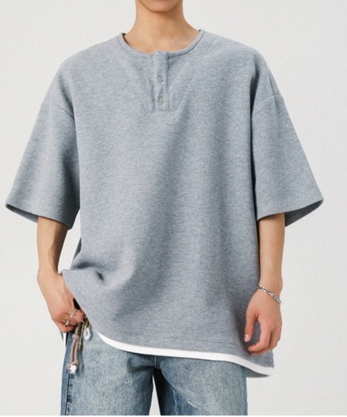 link lot（リンクロット）の「フェイクレイヤードダブルヘンリーネック無地T（Tシャツ/カットソー・メンズ・ブラック/グレー・L/M）」の8枚目の写真