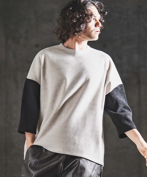 GLIMCLAP（グリムクラップ）の「mlt5656- Melange Rib-Bonded 3-4 Sleeve T-shirt 7分袖Tシャツ(202-056-gls-cg)（Tシャツ/カットソー・メンズ・ブラック×ホワイト/オフホワイト/ホワイト×ブラック/ブラック・S/M/L）」の3枚目の写真