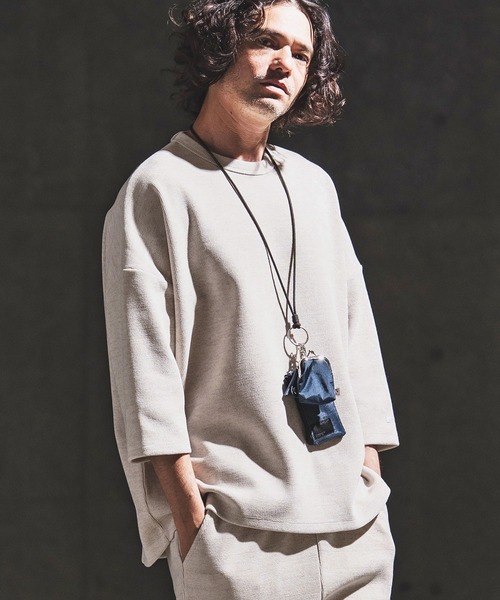 GLIMCLAP（グリムクラップ）の「mlt5656- Melange Rib-Bonded 3-4 Sleeve T-shirt 7分袖Tシャツ(202-056-gls-cg)（Tシャツ/カットソー・メンズ・ブラック×ホワイト/オフホワイト/ホワイト×ブラック/ブラック・S/M/L）」の2枚目の写真