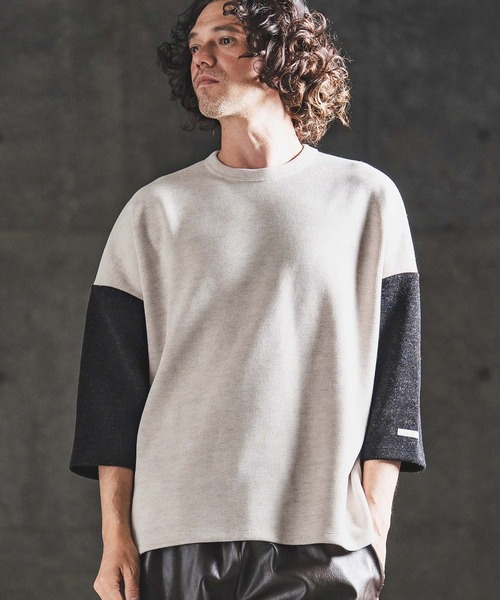 GLIMCLAP（グリムクラップ）の「mlt5656- Melange Rib-Bonded 3-4 Sleeve T-shirt 7分袖Tシャツ(202-056-gls-cg)（Tシャツ/カットソー・メンズ・ブラック×ホワイト/オフホワイト/ホワイト×ブラック/ブラック・S/M/L）」の5枚目の写真