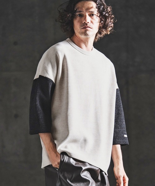 GLIMCLAP（グリムクラップ）の「mlt5656- Melange Rib-Bonded 3-4 Sleeve T-shirt 7分袖Tシャツ(202-056-gls-cg)（Tシャツ/カットソー・メンズ・ブラック×ホワイト/オフホワイト/ホワイト×ブラック/ブラック・S/M/L）」の7枚目の写真