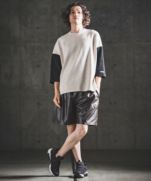 GLIMCLAP（グリムクラップ）の「mlt5656- Melange Rib-Bonded 3-4 Sleeve T-shirt 7分袖Tシャツ(202-056-gls-cg)（Tシャツ/カットソー・メンズ・ブラック×ホワイト/オフホワイト/ホワイト×ブラック/ブラック・S/M/L）」の8枚目の写真