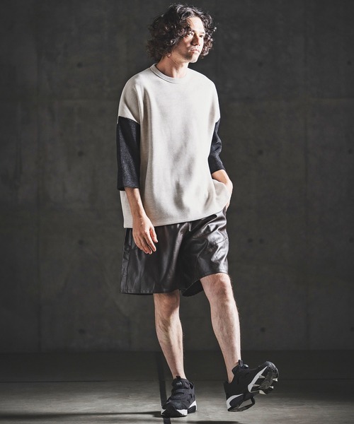 GLIMCLAP（グリムクラップ）の「mlt5656- Melange Rib-Bonded 3-4 Sleeve T-shirt 7分袖Tシャツ(202-056-gls-cg)（Tシャツ/カットソー・メンズ・ブラック×ホワイト/オフホワイト/ホワイト×ブラック/ブラック・S/M/L）」の9枚目の写真