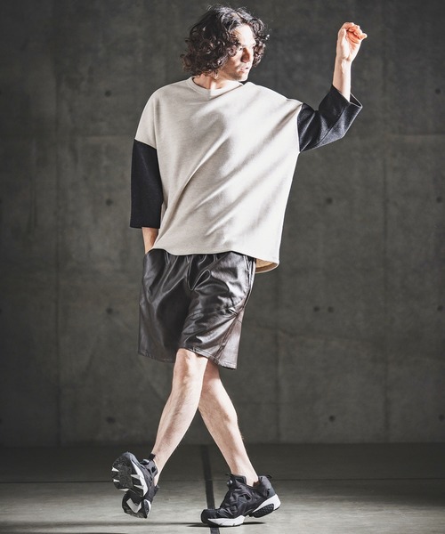 GLIMCLAP（グリムクラップ）の「mlt5656- Melange Rib-Bonded 3-4 Sleeve T-shirt 7分袖Tシャツ(202-056-gls-cg)（Tシャツ/カットソー・メンズ・ブラック×ホワイト/オフホワイト/ホワイト×ブラック/ブラック・S/M/L）」の10枚目の写真