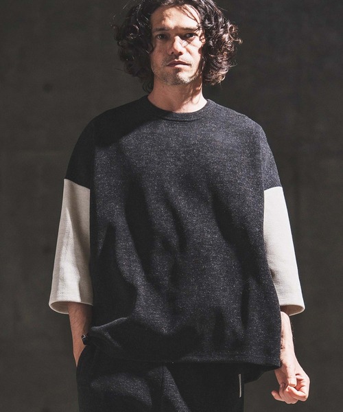 GLIMCLAP（グリムクラップ）の「mlt5656- Melange Rib-Bonded 3-4 Sleeve T-shirt 7分袖Tシャツ(202-056-gls-cg)（Tシャツ/カットソー・メンズ・ブラック×ホワイト/オフホワイト/ホワイト×ブラック/ブラック・S/M/L）」の16枚目の写真
