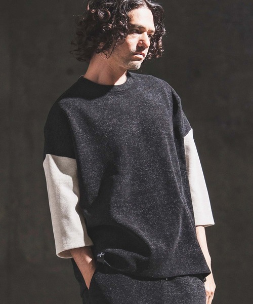 GLIMCLAP（グリムクラップ）の「mlt5656- Melange Rib-Bonded 3-4 Sleeve T-shirt 7分袖Tシャツ(202-056-gls-cg)（Tシャツ/カットソー・メンズ・ブラック×ホワイト/オフホワイト/ホワイト×ブラック/ブラック・S/M/L）」の17枚目の写真