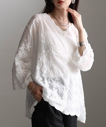 草花刺繍コットンシアーブラウス