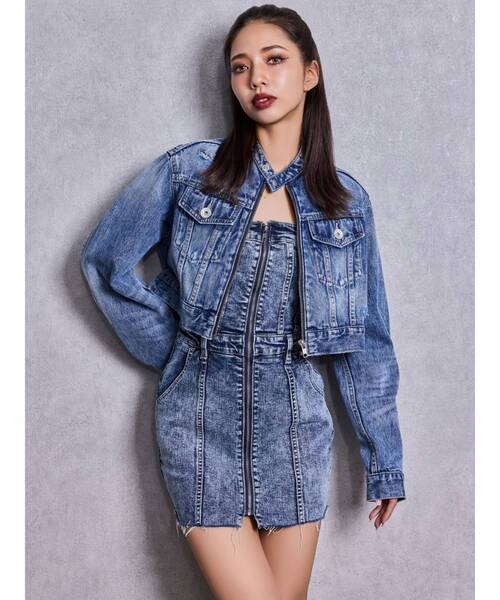 GYDA（ジェイダ）の「Symmetry GYDAフロントZIPスカートライクデニムタイトミニワンピース（ワンピース・レディース・ライトブルー/ブラック/ブルー・MEDIUM/SMALL）」の13枚目の写真
