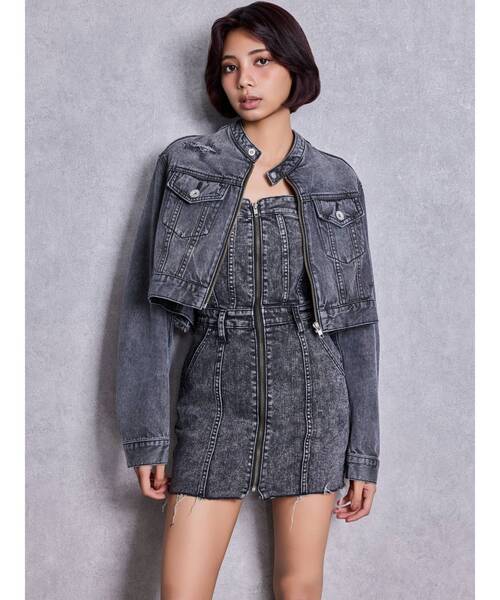 GYDA（ジェイダ）の「Symmetry GYDAフロントZIPスカートライクデニムタイトミニワンピース（ワンピース・レディース・ライトブルー/ブラック/ブルー・MEDIUM/SMALL）」の20枚目の写真