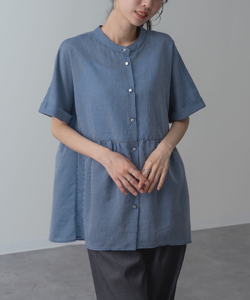 ANNA LUNA(アンナルナ)の「【ANNA LUNA】軽やかな シアー ストライプ 素材の 半袖 ペプラム ブラウス(シャツ/ブラウス・レディース・ベージュ/ブルー/ブラック・MEDIUM)」の17枚目の写真