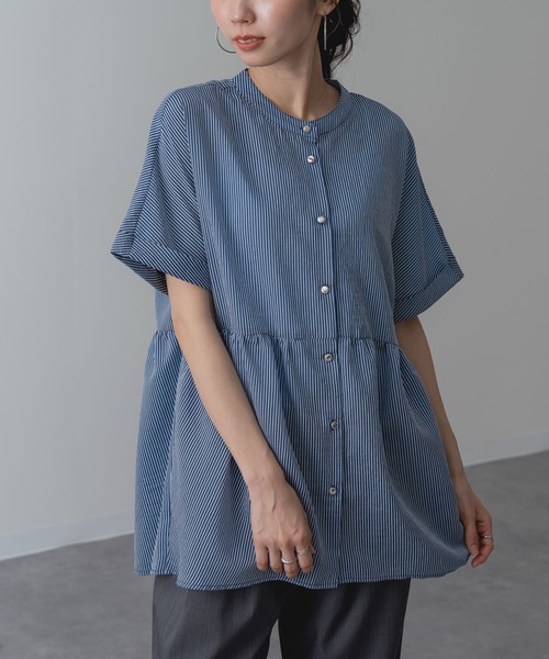 ANNA LUNA(アンナルナ)の「【ANNA LUNA】軽やかな シアー ストライプ 素材の 半袖 ペプラム ブラウス(シャツ/ブラウス・レディース・ベージュ/ブルー/ブラック・MEDIUM)」の14枚目の写真