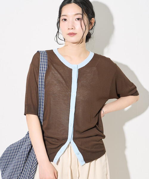 FREAK'S STORE（フリークスストア）の「FRUIT OF THE LOOM × FREAK'S STORE/フルーツオブザルーム 別注 シアー配色ニットカーディガン/リネンタッチ/サマーニットカーディガン（カーディガン/ボレロ・レディース・オフホワイト/ライトグレー/ブラウン・ﾌﾘ-）」の3枚目の写真