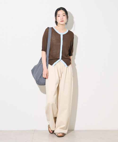 FREAK'S STORE（フリークスストア）の「FRUIT OF THE LOOM × FREAK'S STORE/フルーツオブザルーム 別注 シアー配色ニットカーディガン/リネンタッチ/サマーニットカーディガン（カーディガン/ボレロ・レディース・オフホワイト/ライトグレー/ブラウン・ﾌﾘ-）」の5枚目の写真