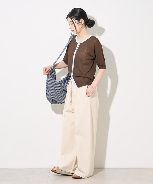 FREAK'S STORE（フリークスストア）の「FRUIT OF THE LOOM × FREAK'S STORE/フルーツオブザルーム 別注 シアー配色ニットカーディガン/リネンタッチ/サマーニットカーディガン（カーディガン/ボレロ・レディース・オフホワイト/ライトグレー/ブラウン・ﾌﾘ-）」の6枚目の写真
