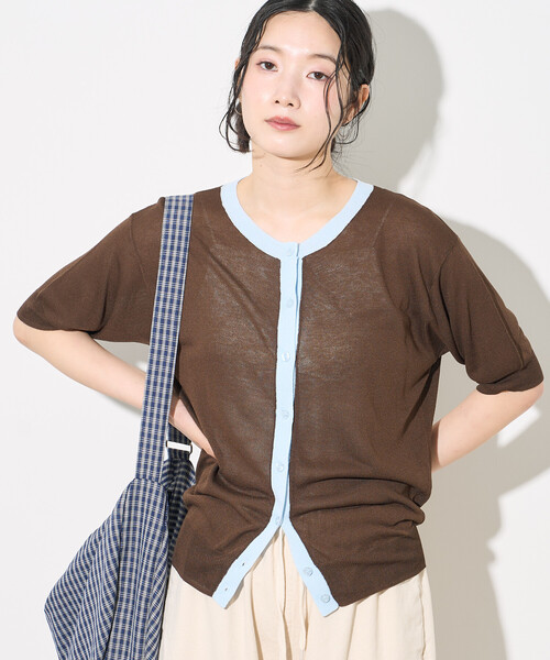 FREAK'S STORE（フリークスストア）の「FRUIT OF THE LOOM × FREAK'S STORE/フルーツオブザルーム 別注 シアー配色ニットカーディガン/リネンタッチ/サマーニットカーディガン（カーディガン/ボレロ・レディース・オフホワイト/ライトグレー/ブラウン・ﾌﾘ-）」の8枚目の写真