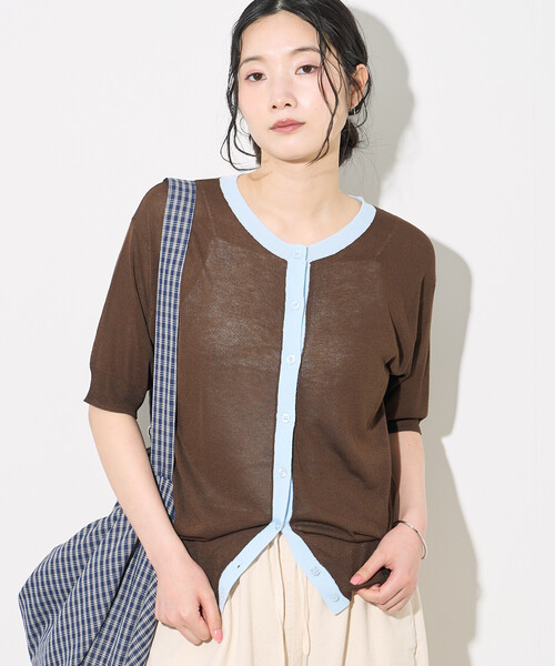FREAK'S STORE（フリークスストア）の「FRUIT OF THE LOOM × FREAK'S STORE/フルーツオブザルーム 別注 シアー配色ニットカーディガン/リネンタッチ/サマーニットカーディガン（カーディガン/ボレロ・レディース・オフホワイト/ライトグレー/ブラウン・ﾌﾘ-）」の9枚目の写真
