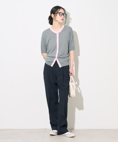 FREAK'S STORE（フリークスストア）の「FRUIT OF THE LOOM × FREAK'S STORE/フルーツオブザルーム 別注 シアー配色ニットカーディガン/リネンタッチ/サマーニットカーディガン（カーディガン/ボレロ・レディース・オフホワイト/ライトグレー/ブラウン・ﾌﾘ-）」の14枚目の写真