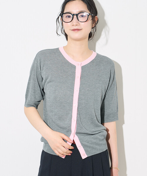 FREAK'S STORE（フリークスストア）の「FRUIT OF THE LOOM × FREAK'S STORE/フルーツオブザルーム 別注 シアー配色ニットカーディガン/リネンタッチ/サマーニットカーディガン（カーディガン/ボレロ・レディース・オフホワイト/ライトグレー/ブラウン・ﾌﾘ-）」の16枚目の写真