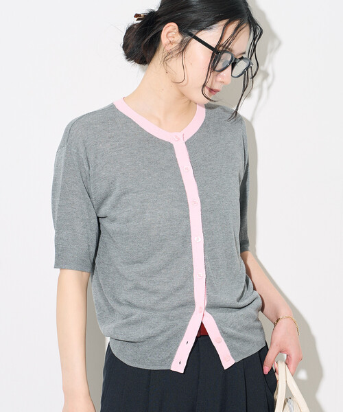 FREAK'S STORE（フリークスストア）の「FRUIT OF THE LOOM × FREAK'S STORE/フルーツオブザルーム 別注 シアー配色ニットカーディガン/リネンタッチ/サマーニットカーディガン（カーディガン/ボレロ・レディース・オフホワイト/ライトグレー/ブラウン・ﾌﾘ-）」の17枚目の写真