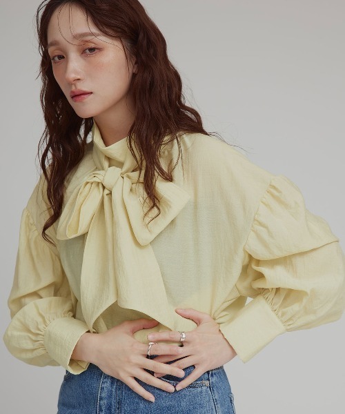 W:Huku(フーク)の「スタンドカラー ボウタイ シアー ブラウス / Stand Collar Bow Tie Blouse(シャツ/ブラウス・レディース・イエロー系その他/ホワイト/グレー系その他・FREE)」の22枚目の写真