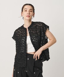 【WEB限定】シアージャガード バンドカラーフレンチスリーブブラウス ウォッシャブル