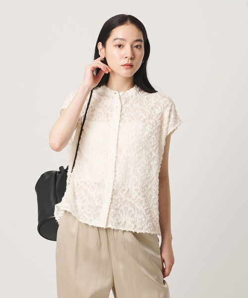 BEAUTY&YOUTH UNITED ARROWS(ビューティーアンドユースユナイテッドアローズ)の「【WEB限定】シアージャガード バンドカラーフレンチスリーブブラウス ウォッシャブル(シャツ/ブラウス・レディース・ピンク/オフホワイト/ブラック・FREE)」の4枚目の写真